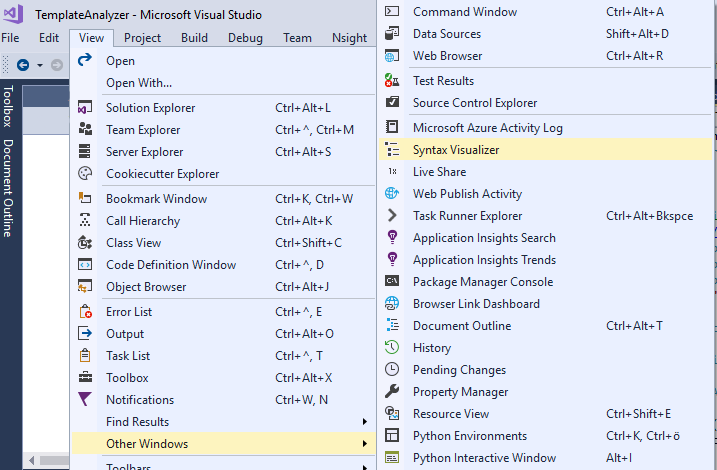 Screenshot of how to open the Syntax Visualizer Window in Visual Studio.
