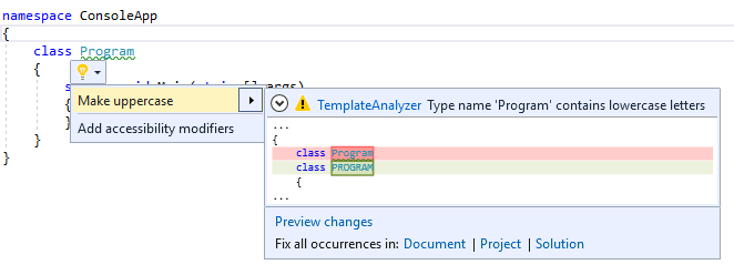 Domenstration of the template Analyzer code fix, suggesting to change the typename to all upper-case letters.